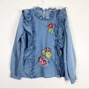 PENELOPE PROJECT Chambray Ruffle Embroidered Floral Blouse L